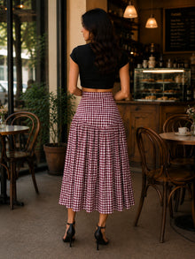 Maroon & White Gingham Cotton Midi Skirt