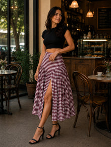 Maroon & White Gingham Cotton Midi Skirt