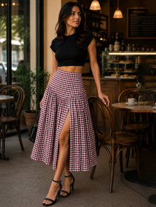 Maroon & White Gingham Cotton Midi Skirt