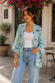 Sea Green Floral Printed Open Front Kimono Shrug