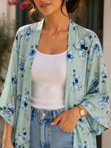 Sea Green Floral Printed Open Front Kimono Shrug