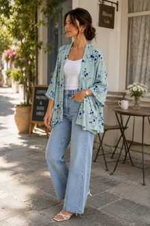 Sea Green Floral Printed Open Front Kimono Shrug
