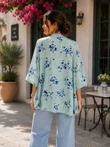 Sea Green Floral Printed Open Front Kimono Shrug