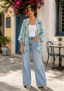 Sea Green Floral Printed Open Front Kimono Shrug