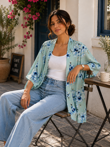 Sea Green Floral Printed Open Front Kimono Shrug