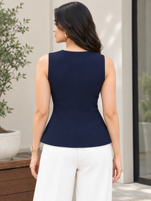 Navy Blue Sleeveless Zip-Up Peplum Top for Women
