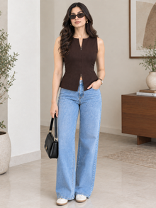 Brown Sleeveless Zip-Up Peplum Top for Women