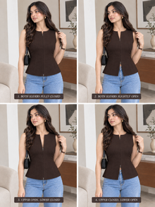 Brown Sleeveless Zip-Up Peplum Top for Women