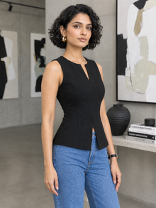 Black Sleeveless Zip-Up Peplum Top for Women