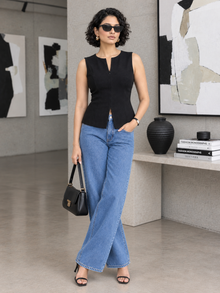 Black Sleeveless Zip-Up Peplum Top for Women