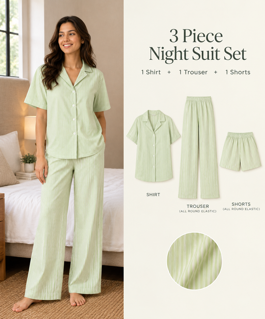 3 Piece Green Striped Night Suit Set with Shirt, Trouser & Shorts